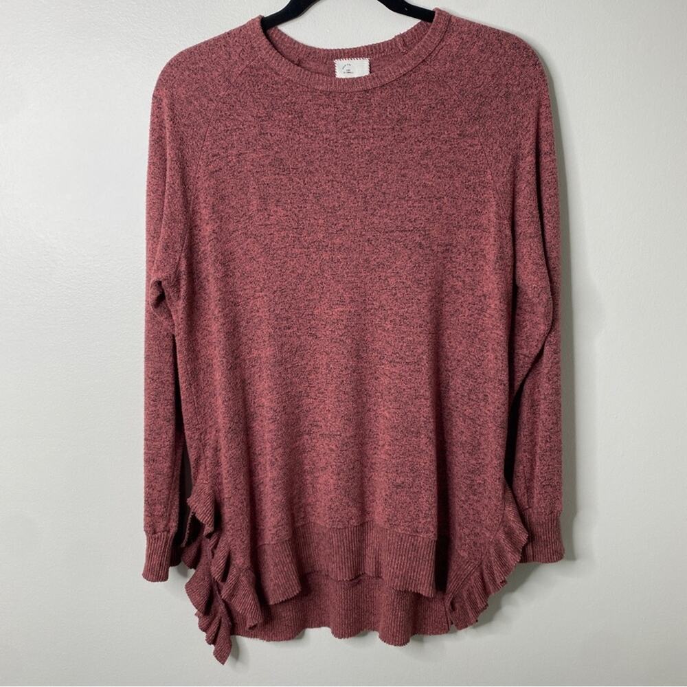 Anthropologie Postage Stamp Long-Sleeved Rose Pink Ruffle Hem Sweater XS